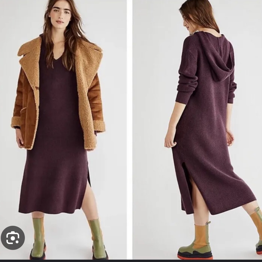 Free People Beach Claudia Midi Sweater Dress Plum Chunky Hooded NWOT